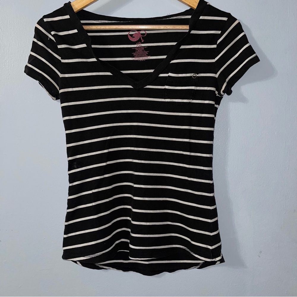 OP Y2K Striped V-Neck Tee Black White Short Sleeve Ocean Pacific Top Size S